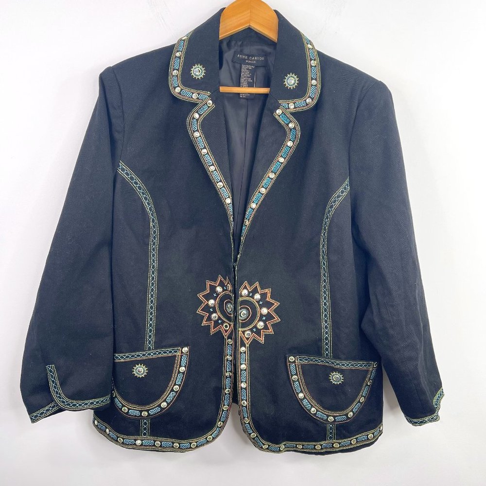 VTG ANN CARSON Linen Blend Denim Embroidered Bling Western Jacket Plus Size 1X